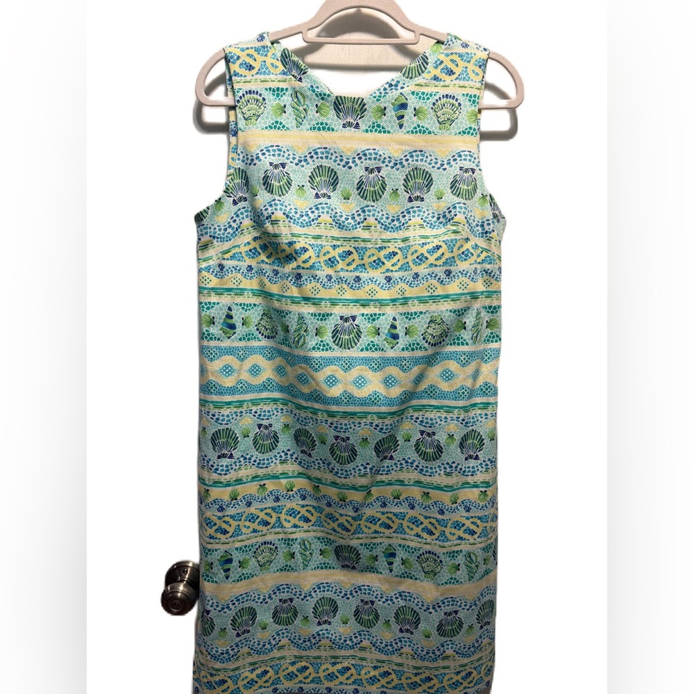 Talbots Sleeveless Midi Dress Green/Yellow/Teal SeaShell w/pockets.  SZ 8 EUC